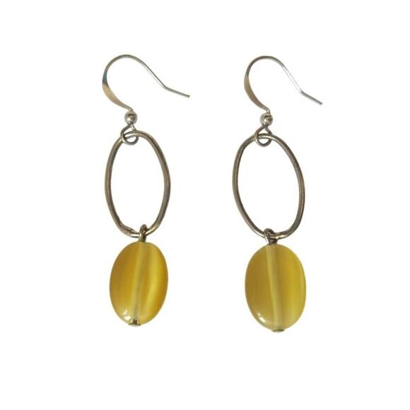Vintage Amber Yellow Flat  Bead Circle Dangle Drop Earrings Silver Plated Hook - Picture 1 of 1